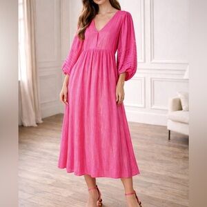 Ciebon Gayley Pink Metallic Boho Empire Waist V-Neck Balloon Sleeve Maxi Dress